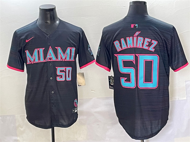 Men's Miami Marlins #50 Agustín Ramírez Black 2025 City Connect Limited Stitched Baseball Jersey Men's Miami Marlins #50 Agustín Ramírez Black 2025 City Connect Limited Stitched Baseball Jersey